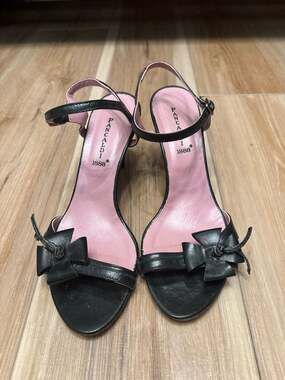 Pancaldi 1888 Black Leather Bow Slingback Kitten Heels